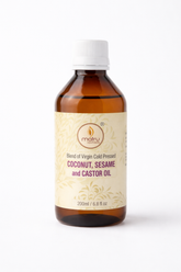 Matru Ayurveda 3-in-1 coconut castor sesame oil blend 200ml bottle on white background — pure cold pressed ayurvedic hair oil