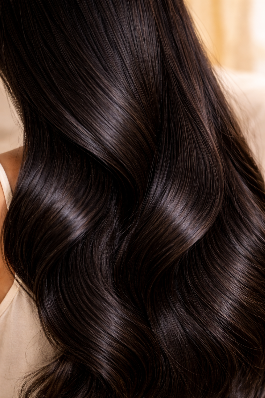 Close-up of thick glossy healthy Indian hair after using Matru Ayurveda ayurvedic oil blend — no frizz, no split ends