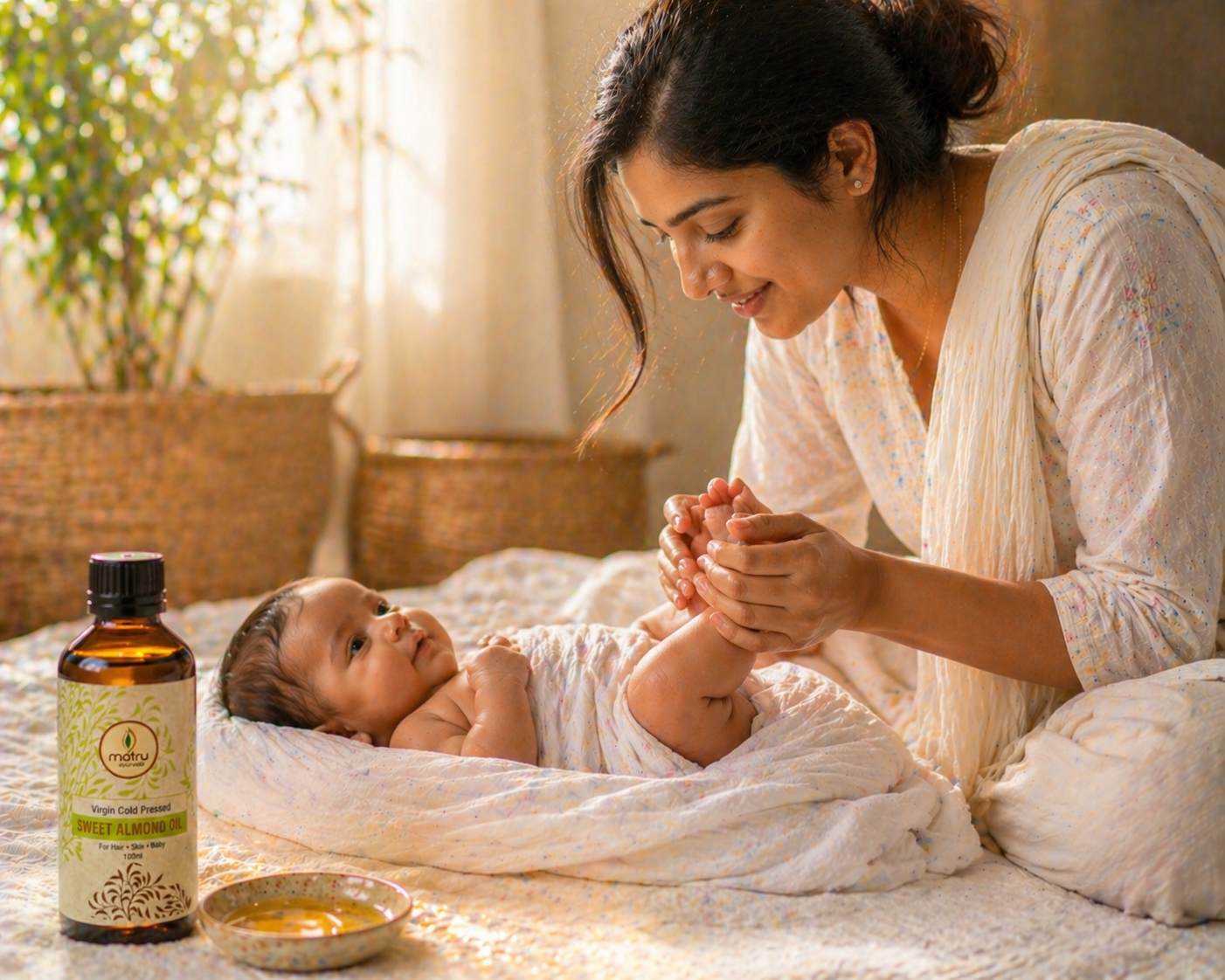  Indian mother massaging newborn baby with pure sweet almond oil — chemical-free badam tel gentle baby skin massage