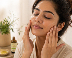 Indian woman applying almond oil to face for glowing skin — pure cold pressed badam tel as natural face moisturiser anti-ageing