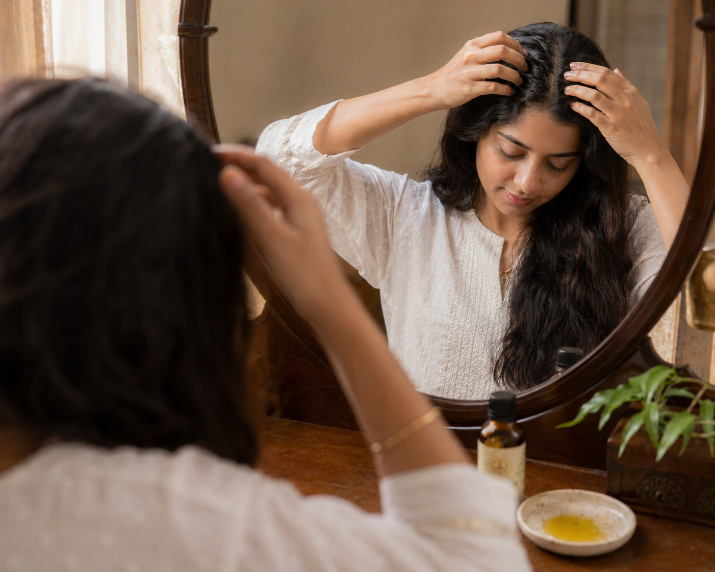Indian woman applying virgin cold pressed almond oil to scalp for hair growth and hair fall control — pure badam tel hair care ritual