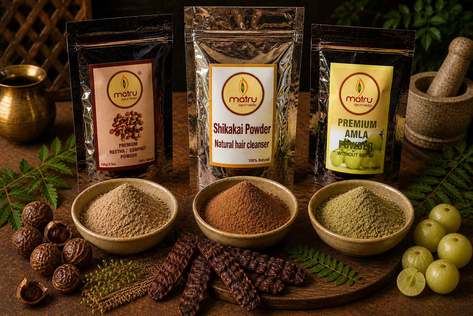Shikakai Reetha and Amla — Ayurvedic holy trinity of natural hair care — Matru Ayurveda Shikakai powder with amla and soapnut