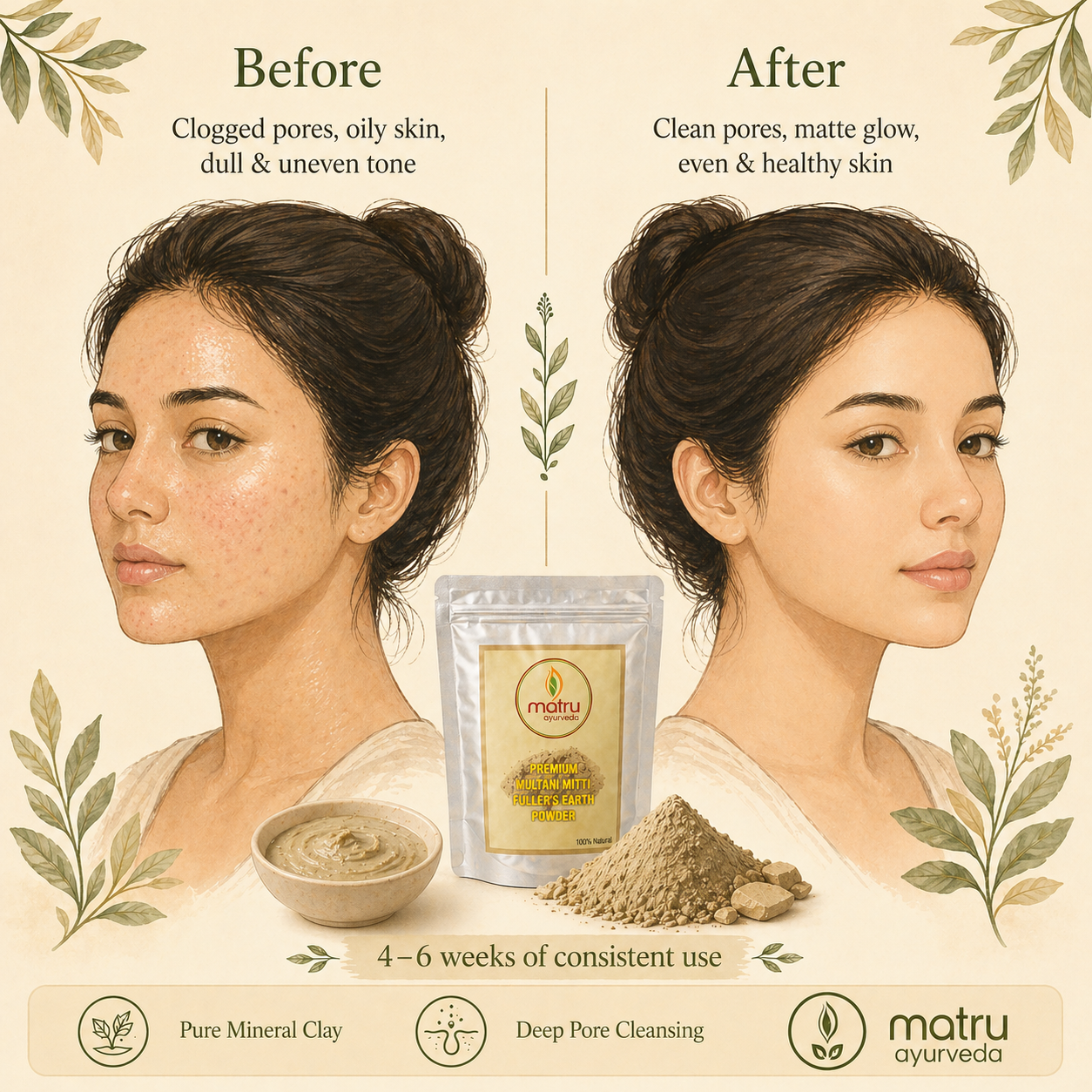  Multani Mitti skin transformation — from clogged oily skin to clear glowing skin — Matru Ayurveda pure Fuller's Earth face pack results
