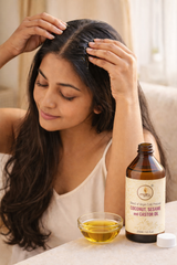 Indian woman applying Matru Ayurveda coconut castor sesame oil blend to scalp for hair growth and hair fall control