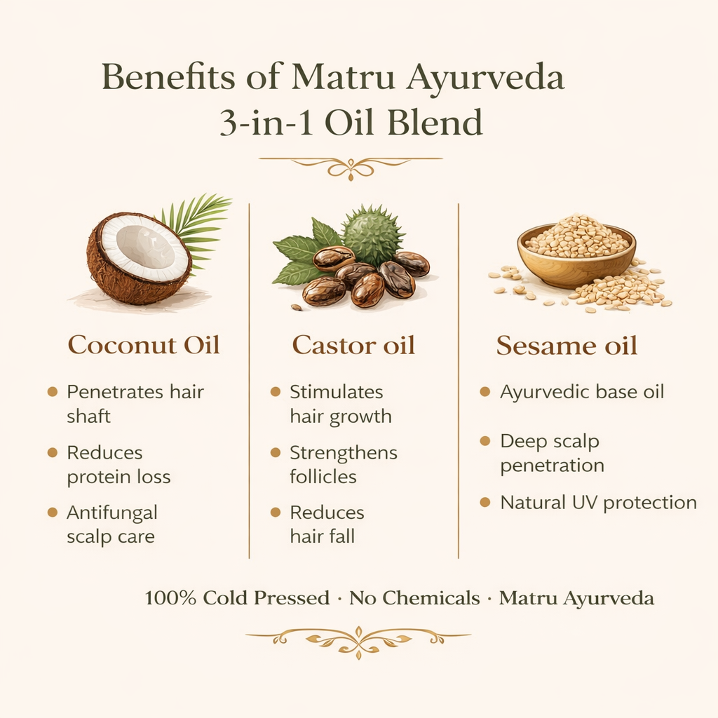 Benefits of Matru Ayurveda 3-in-1 oil blend — coconut for penetration, castor for hair growth, sesame for scalp nourishment
