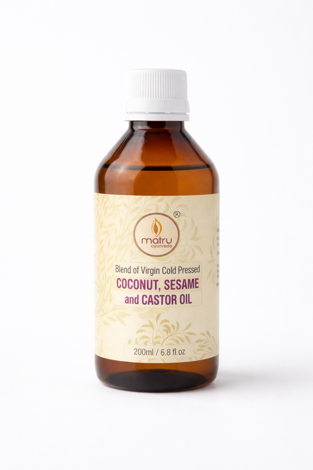  Matru Ayurveda 3-in-1 coconut castor sesame oil blend 200ml bottle on white background — pure cold pressed ayurvedic hair oil