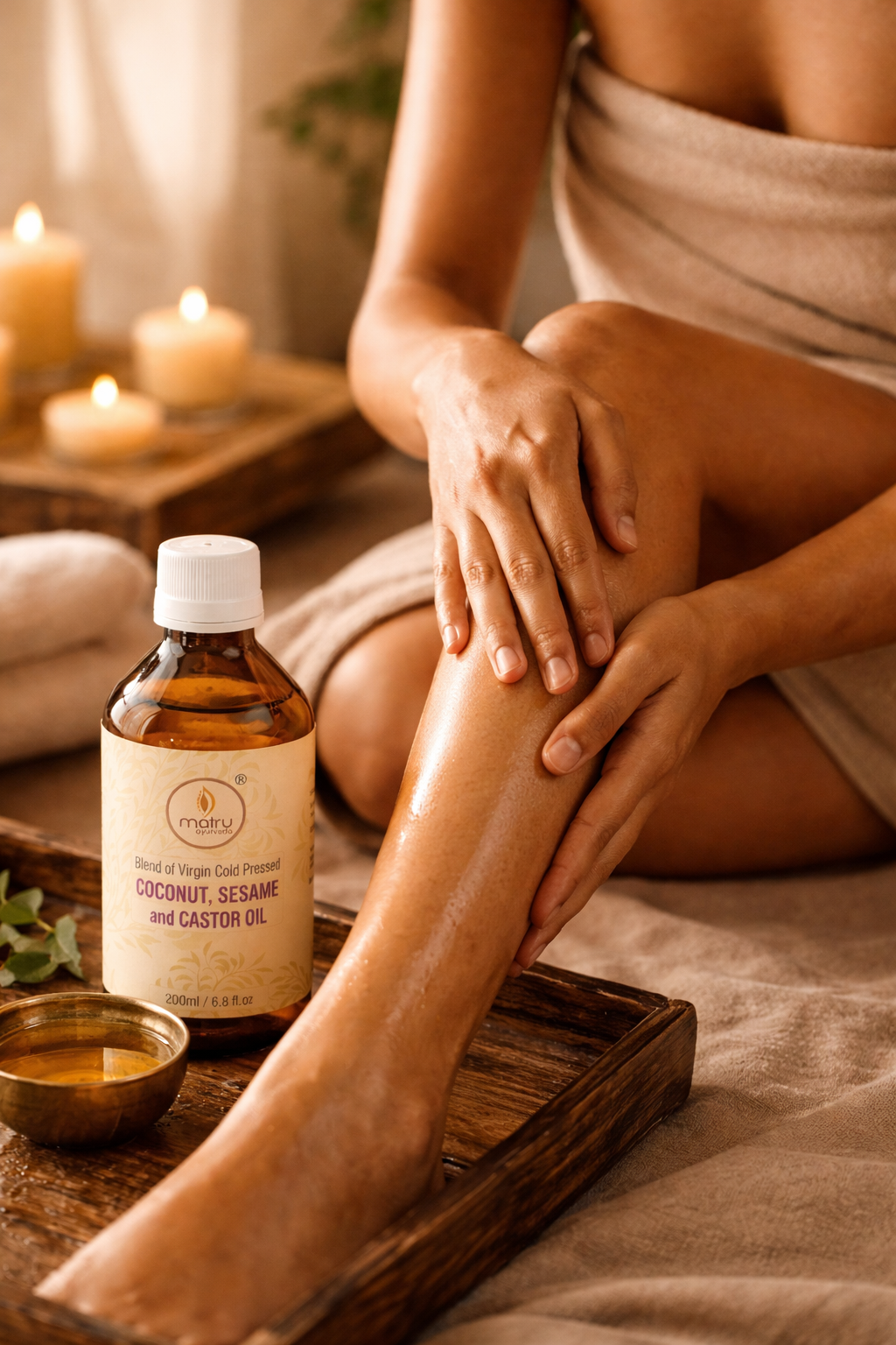 Ayurvedic abhyanga body massage with Matru coconut sesame castor oil blend — natural moisturising body oil India