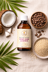 Raw ingredients of Matru Ayurveda hair oil blend — fresh coconut halves, castor seeds and sesame seeds with the bottle on a natural surface