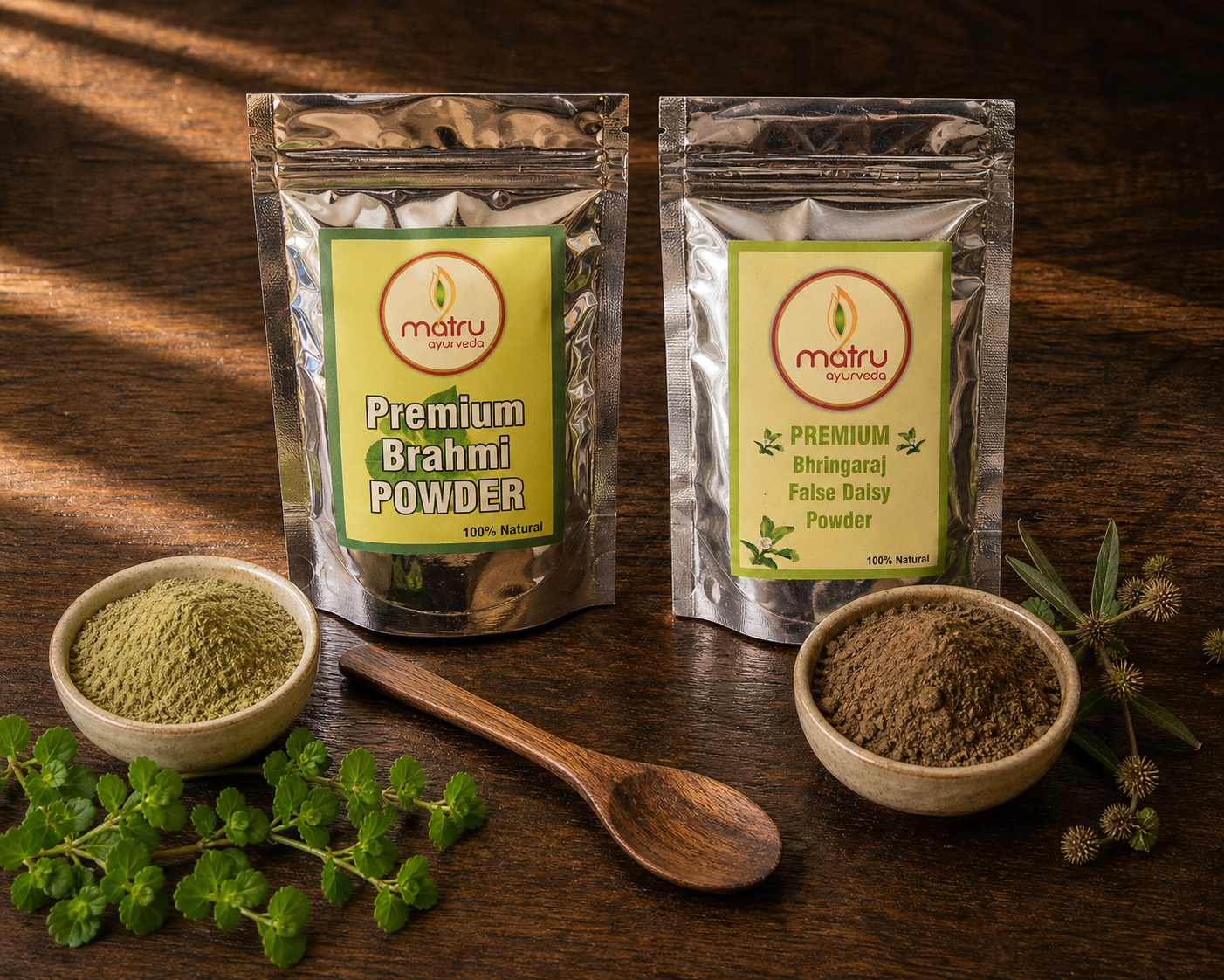 Brahmi powder and Bhringraj powder — ayurvedic power combination for hair growth hair fall and grey prevention — Matru Ayurveda