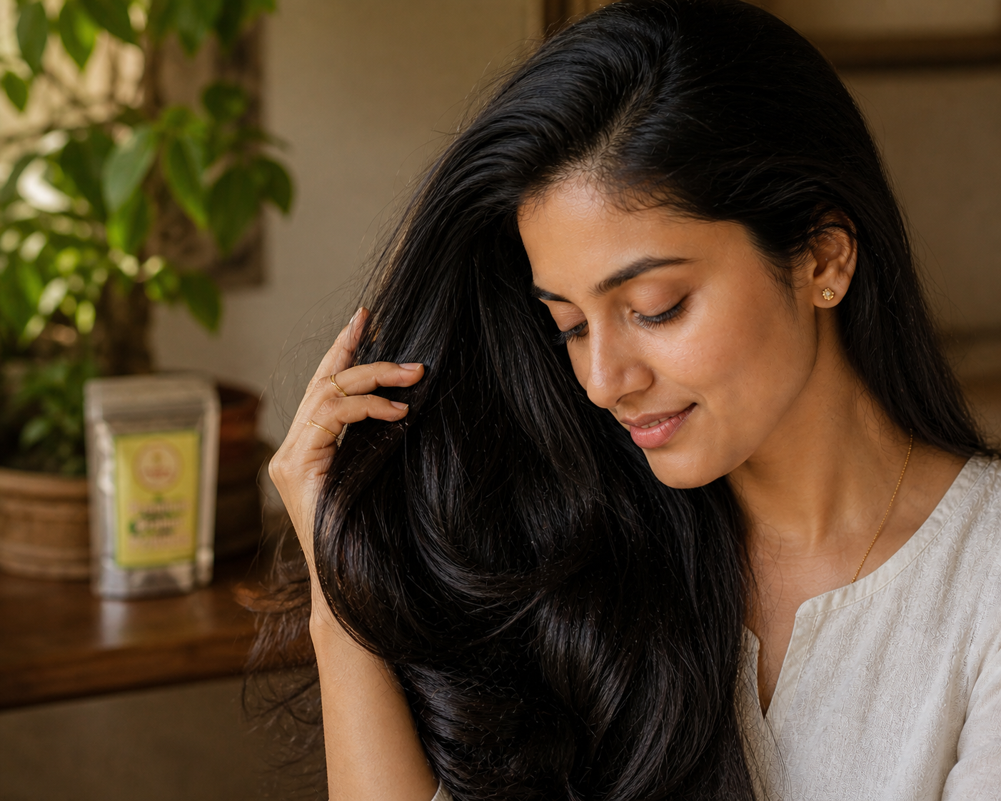 Indian woman with naturally dark hair — Brahmi powder for premature greying prevention and hair pigment protection