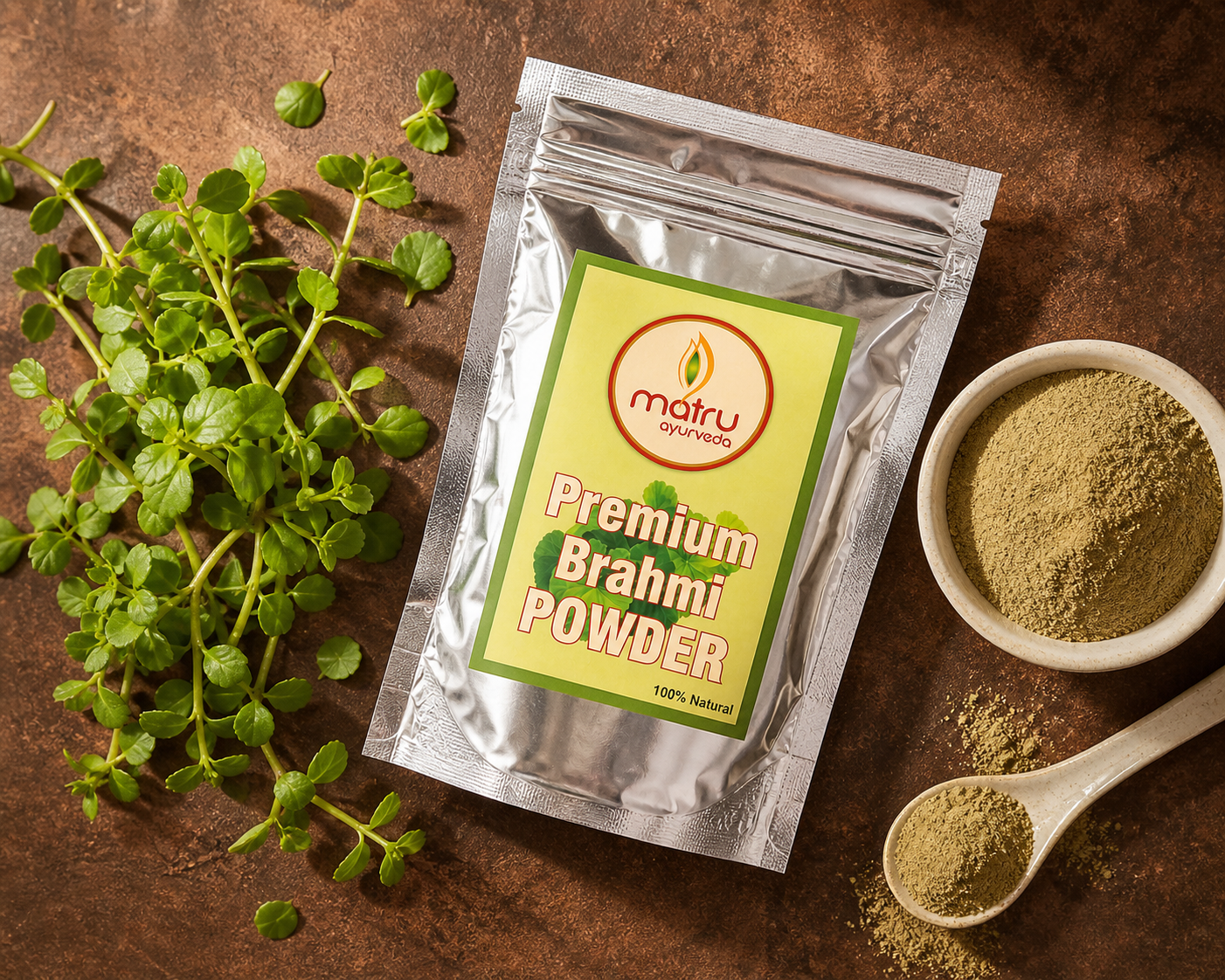  Fresh Brahmi Bacopa monnieri leaves and powder in a bowl beside Matru Ayurveda stand-up pouch — pure ayurvedic herb for hair growth