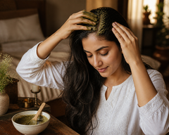  Indian woman applying Brahmi powder paste to scalp for hair growth and hair fall control — pure Bacopa monnieri ayurvedic hair pack
