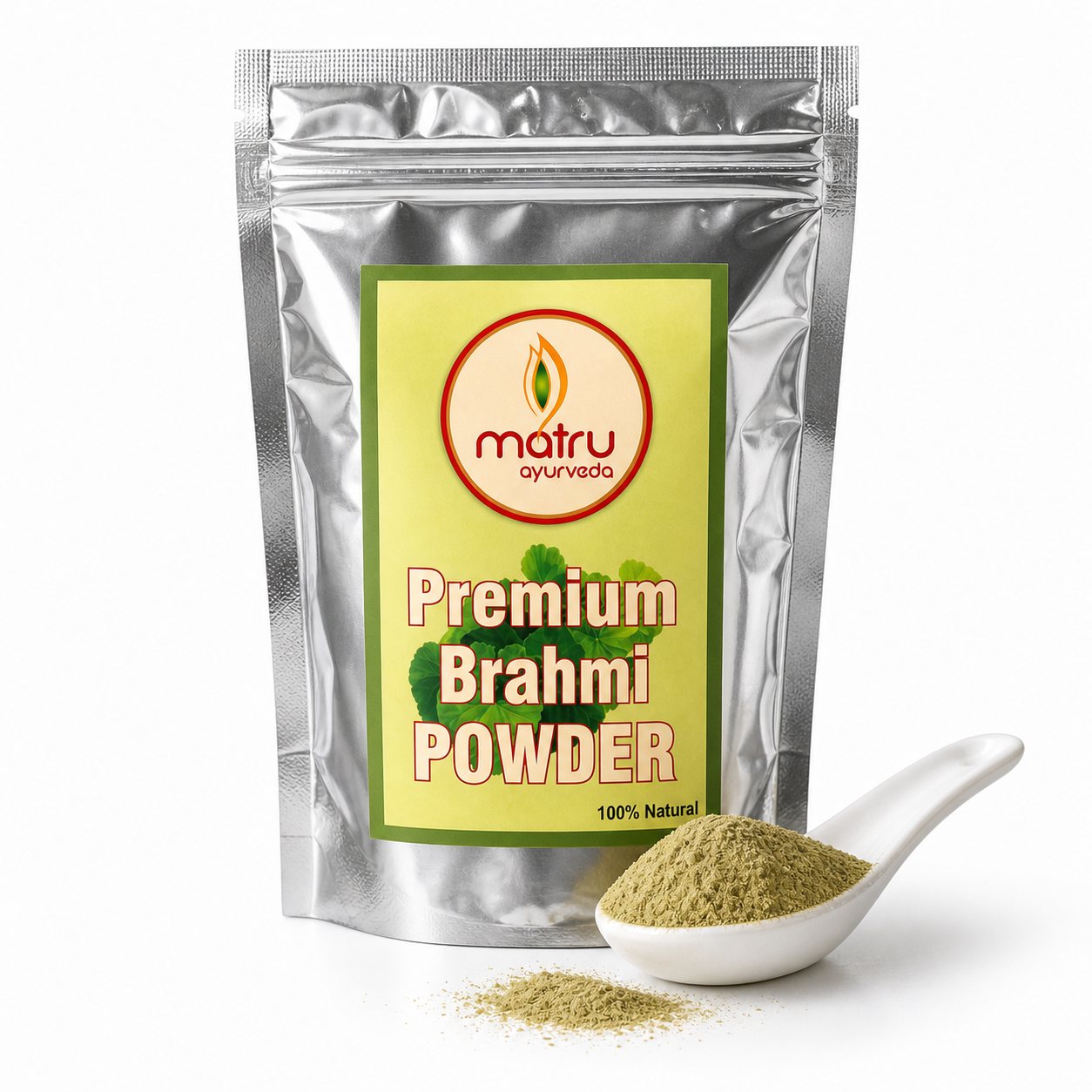 Matru Ayurveda Pure Brahmi Powder 100g resealable stand-up pouch on white background — pure Bacopa monnieri for hair growth and hair fall