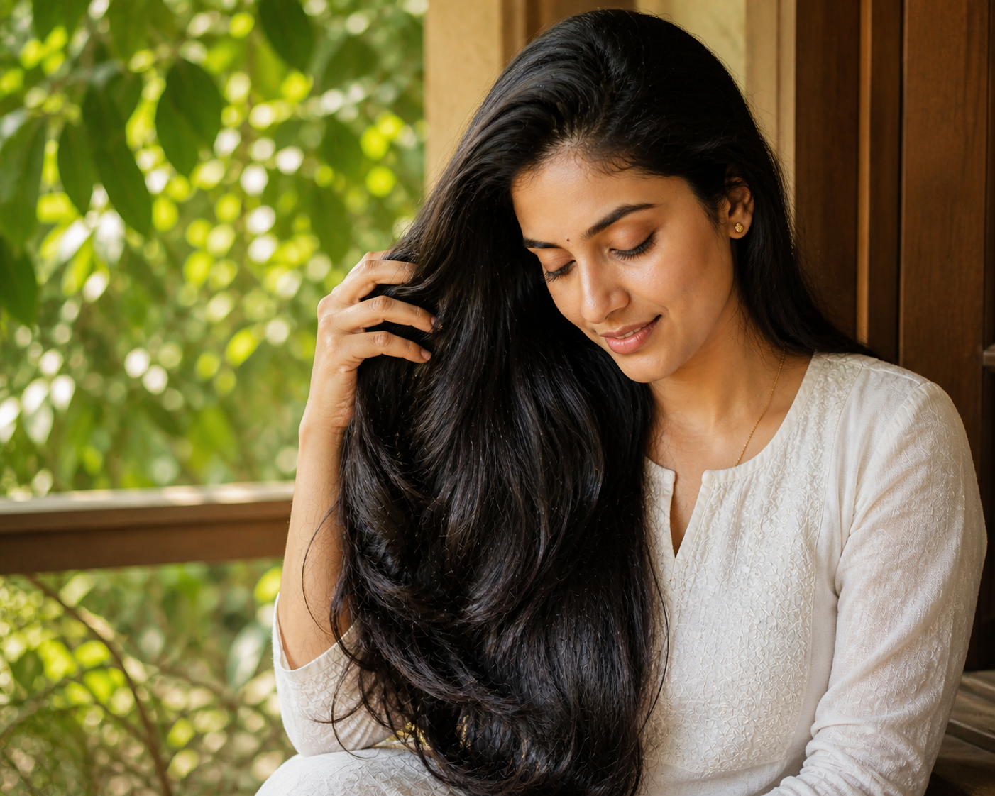  Indian woman with thick dense glossy healthy hair after Brahmi powder hair treatment — Bacopa monnieri ayurvedic hair growth results