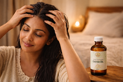  Indian woman massaging cold pressed castor oil into scalp for hair growth — natural ayurvedic hair care