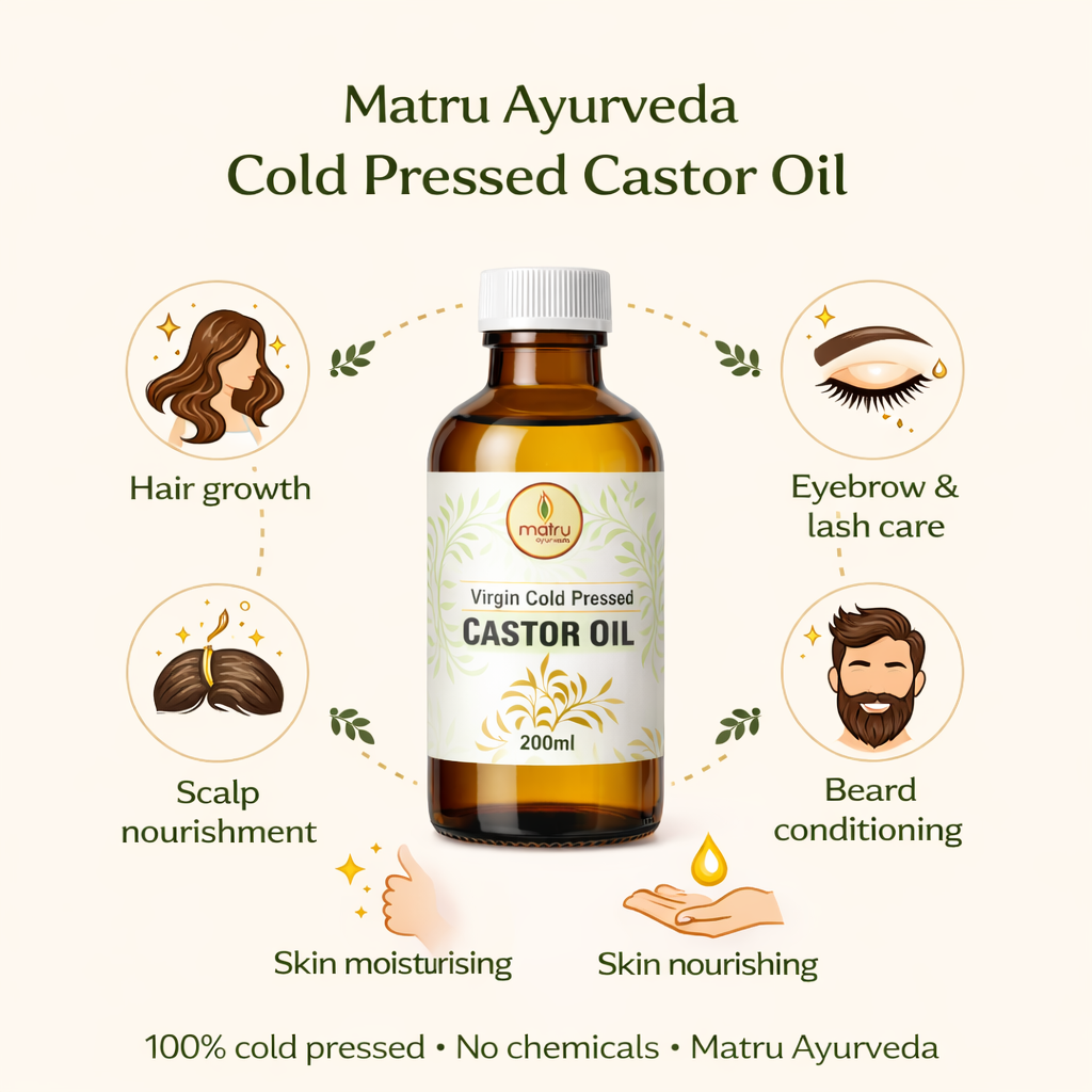  Matru Ayurveda cold pressed castor oil benefits — hair growth, eyebrows, skin, beard, chemical free
