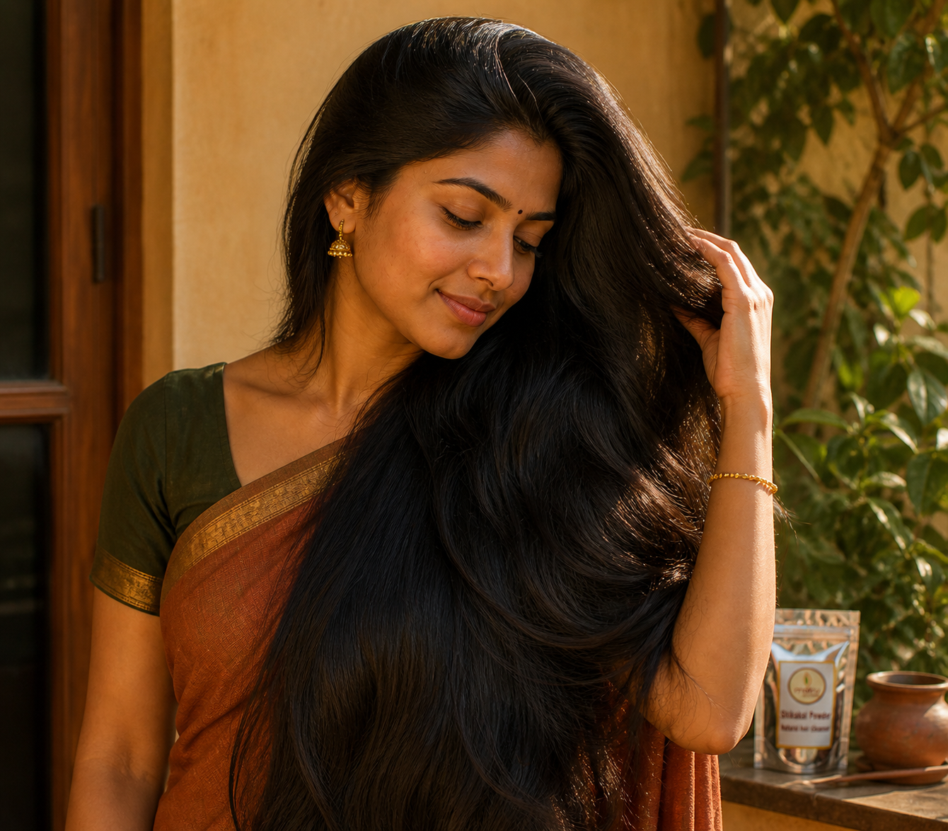  Indian woman with thick glossy healthy hair after Shikakai natural hair wash — pure ayurvedic hair cleanser for hair growth and shine