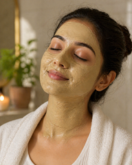 Indian woman with Multani Mitti Fuller's Earth face pack applied — pure natural clay mask for oily skin deep cleansing acne and glowing skin