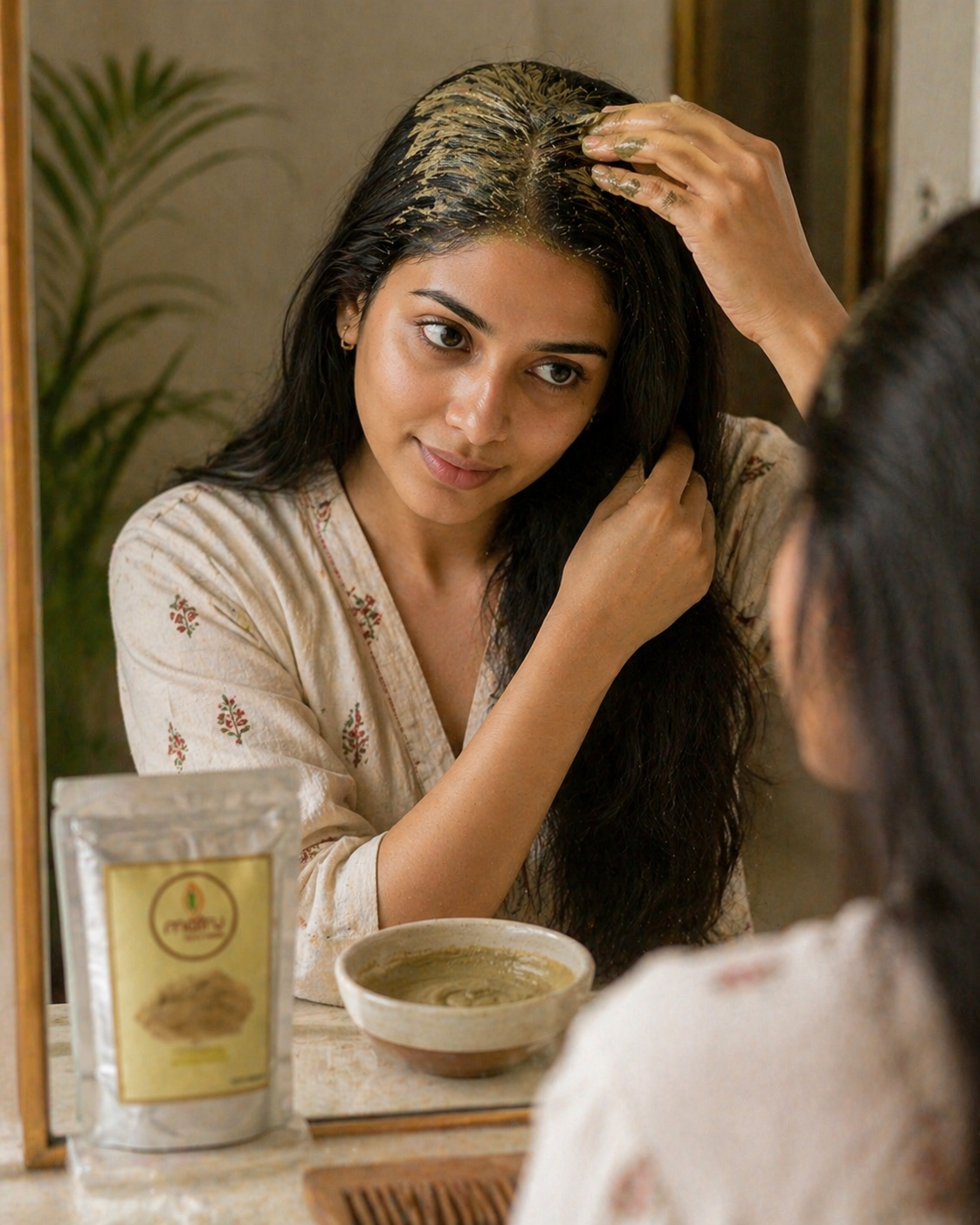 Indian woman applying Multani Mitti hair pack to scalp for dandruff and oily scalp treatment — natural Fuller's Earth clay hair mask