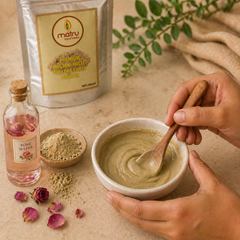 Multani Mitti face pack being mixed with rose water in a white bowl — natural Fuller's Earth paste for oily skin acne and tan removal