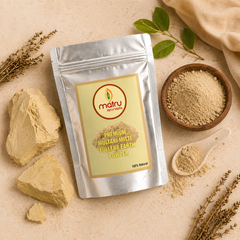  Raw Multani Mitti mineral clay chunks and beige powder beside Matru Ayurveda stand-up pouch — pure Fuller's Earth natural source