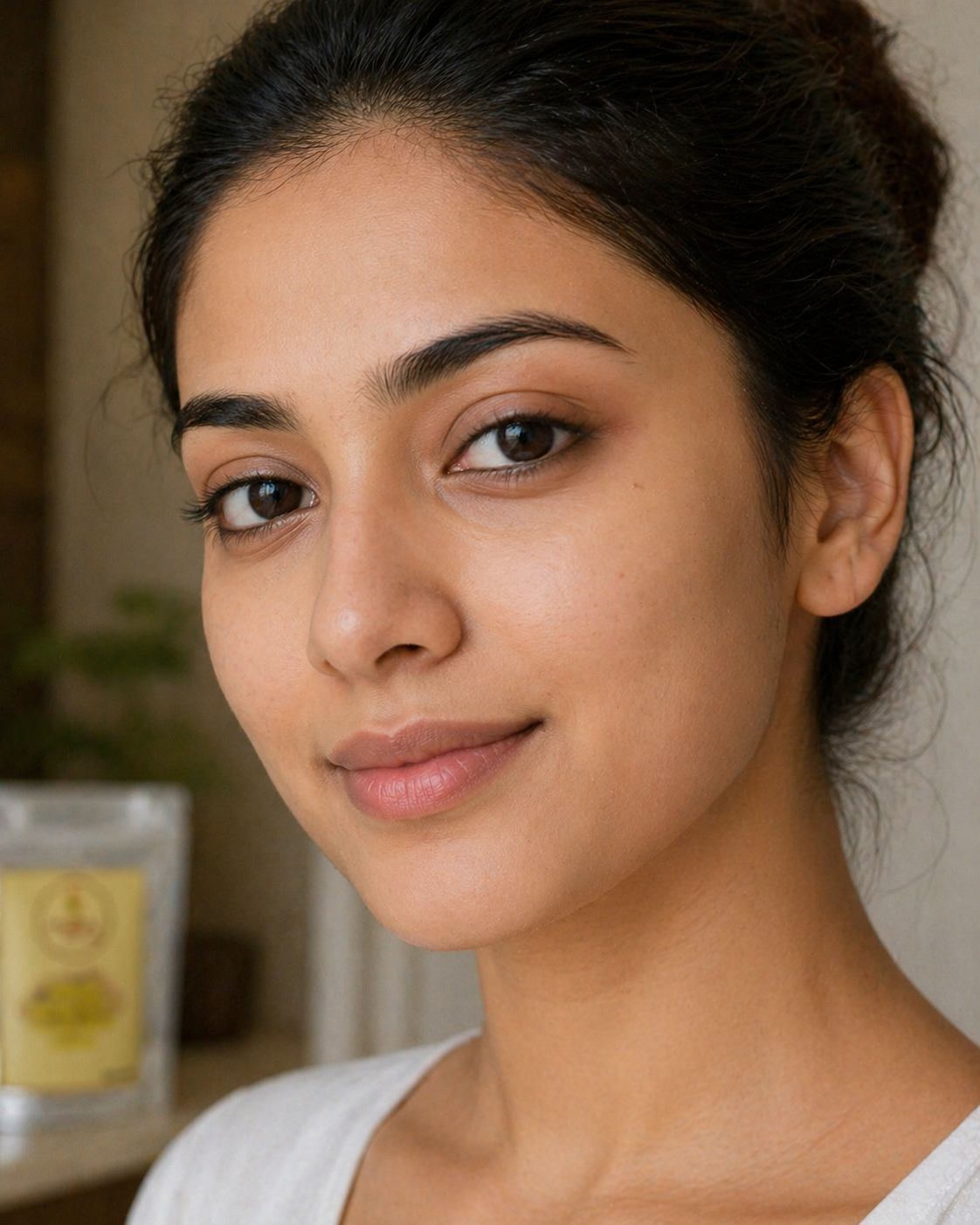 Indian woman with clear matte skin after Multani Mitti face pack — natural Fuller's Earth powder for oily skin and open pores control