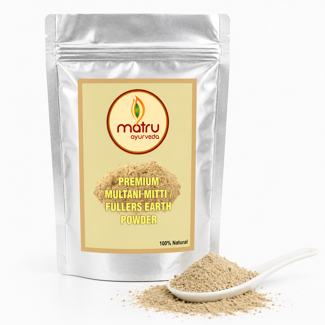 Matru Ayurveda Multani Mitti Fuller's Earth Powder 100g resealable stand-up pouch on white background — pure mineral clay for oily skin and hair pack