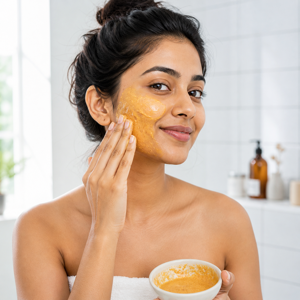 Woman applying Matru Ayurveda orange peel powder face pack for glowing skin — natural Ayurvedic skincare routine