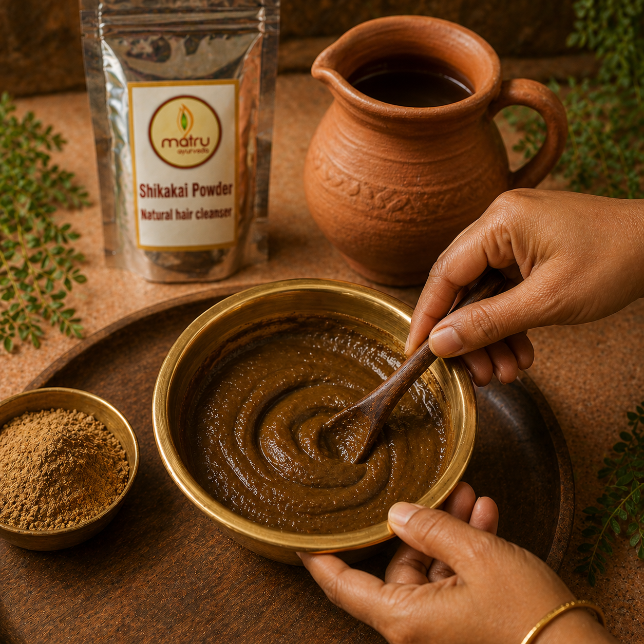  Shikakai powder being mixed with warm water into a paste in a bowl — natural hair wash recipe for ayurvedic hair cleanser