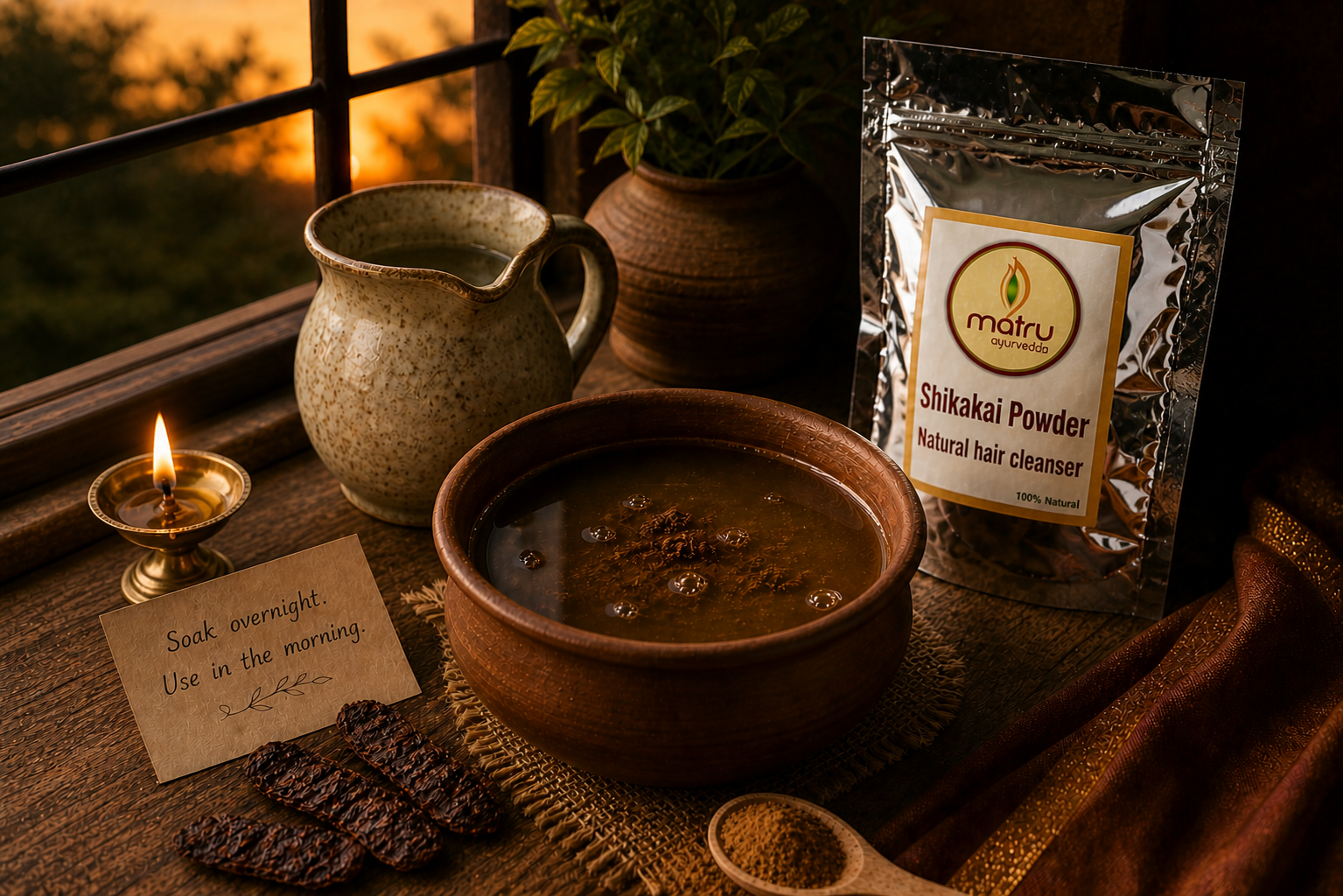Shikakai powder soaking overnight in water in a clay pot — natural hair wash method for hair growth and scalp nourishment