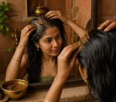 Indian woman applying Shikakai paste to wet hair scalp — natural ayurvedic hair wash for hair growth dandruff and clean scalp