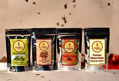 Matru Ayurveda Premium Pack of Amla, Reetha/Soapnut, Shikakai and Hibiscus Powder (100 Grams Each)