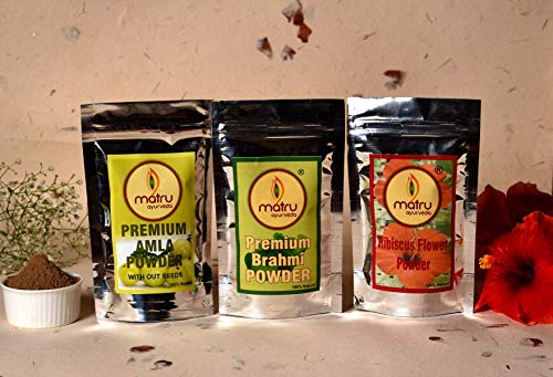 Matru Ayurveda Premium Trio Pack of Amla, Brahmi and Hibiscus Powders (100 Grams Each)